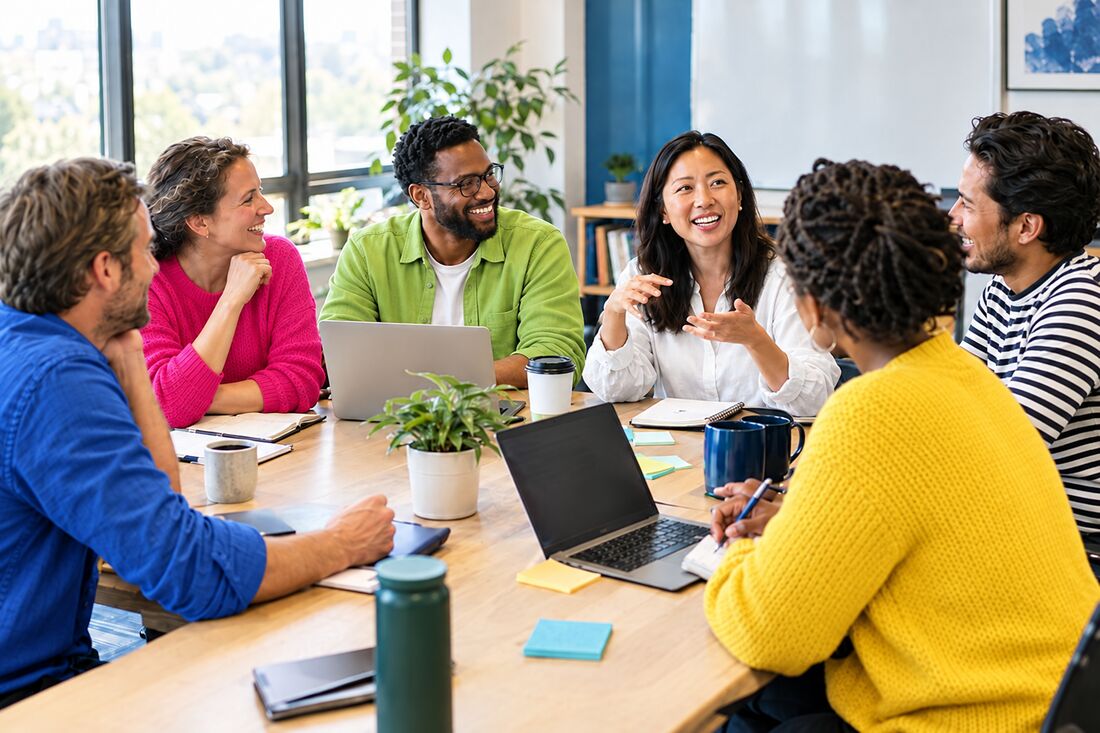 A diverse group of adult learners talking and laughing during a workshop in a bright conference room