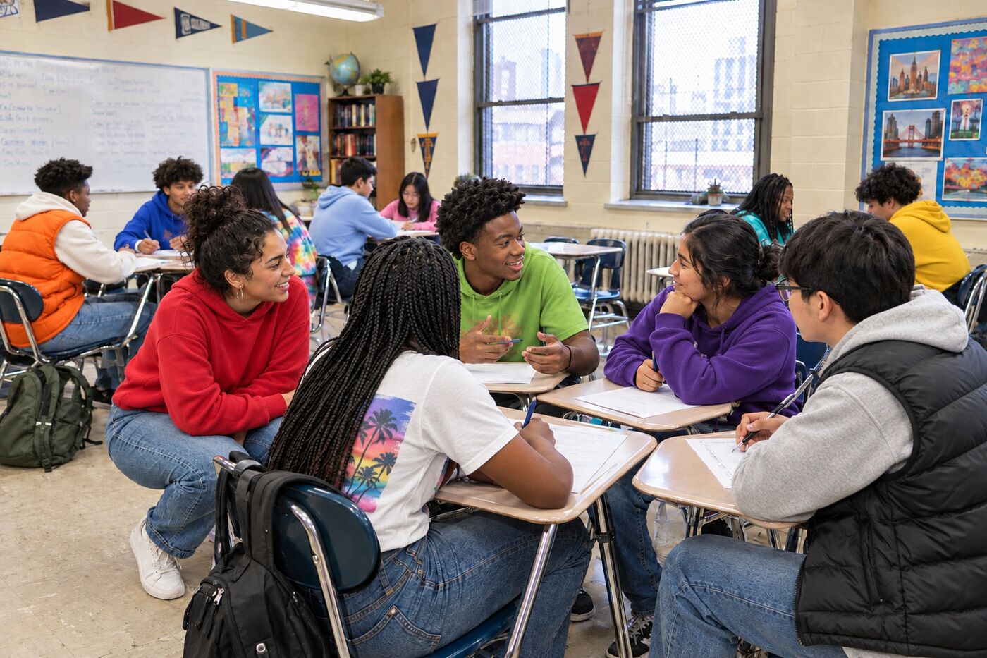 Diverse high school students working in small groups during a career readiness workshop in an NYC public school classroom